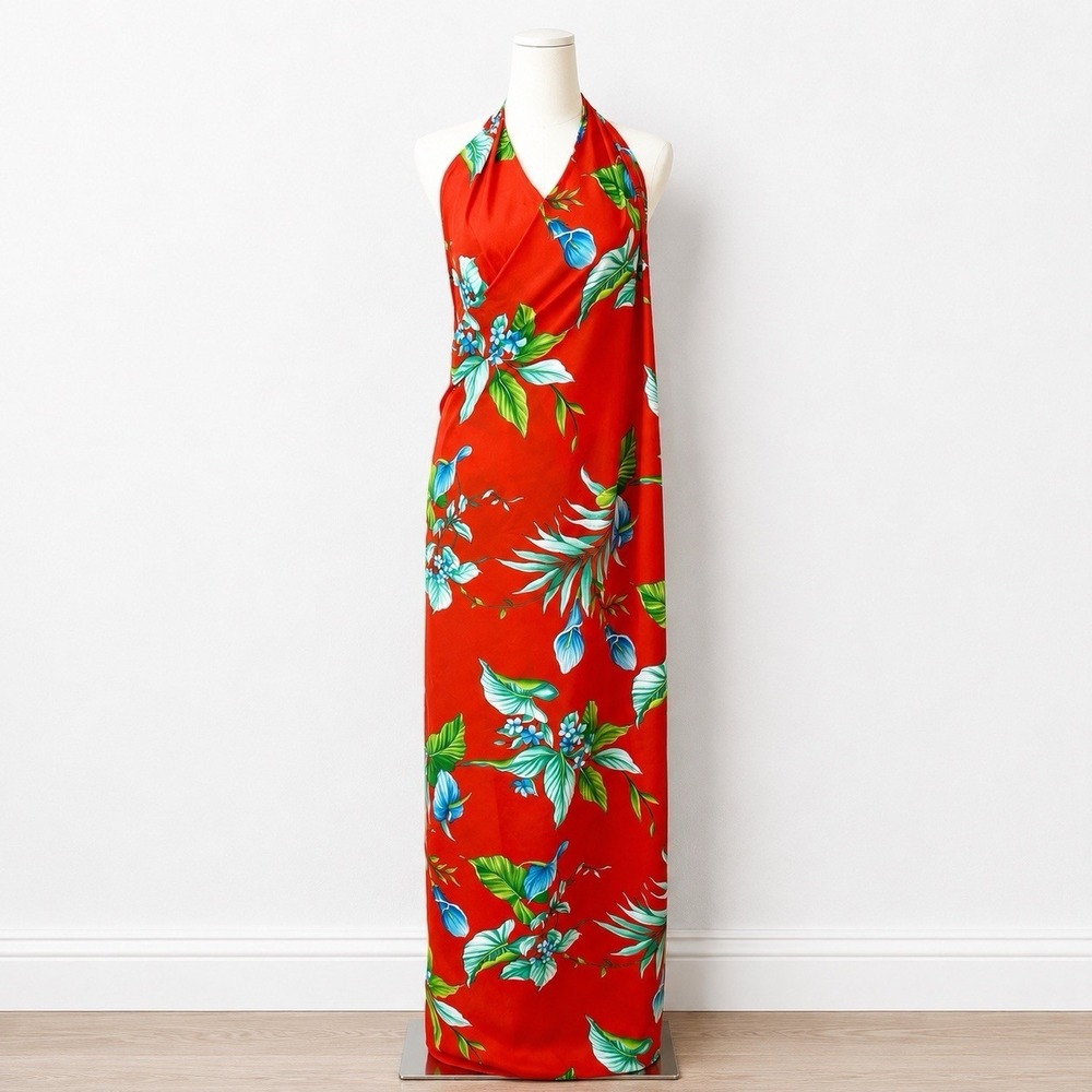 Vintage 80's Lauhala Hawaiian Red Sarong Dress Skirt One Size Tiki Floral Swim